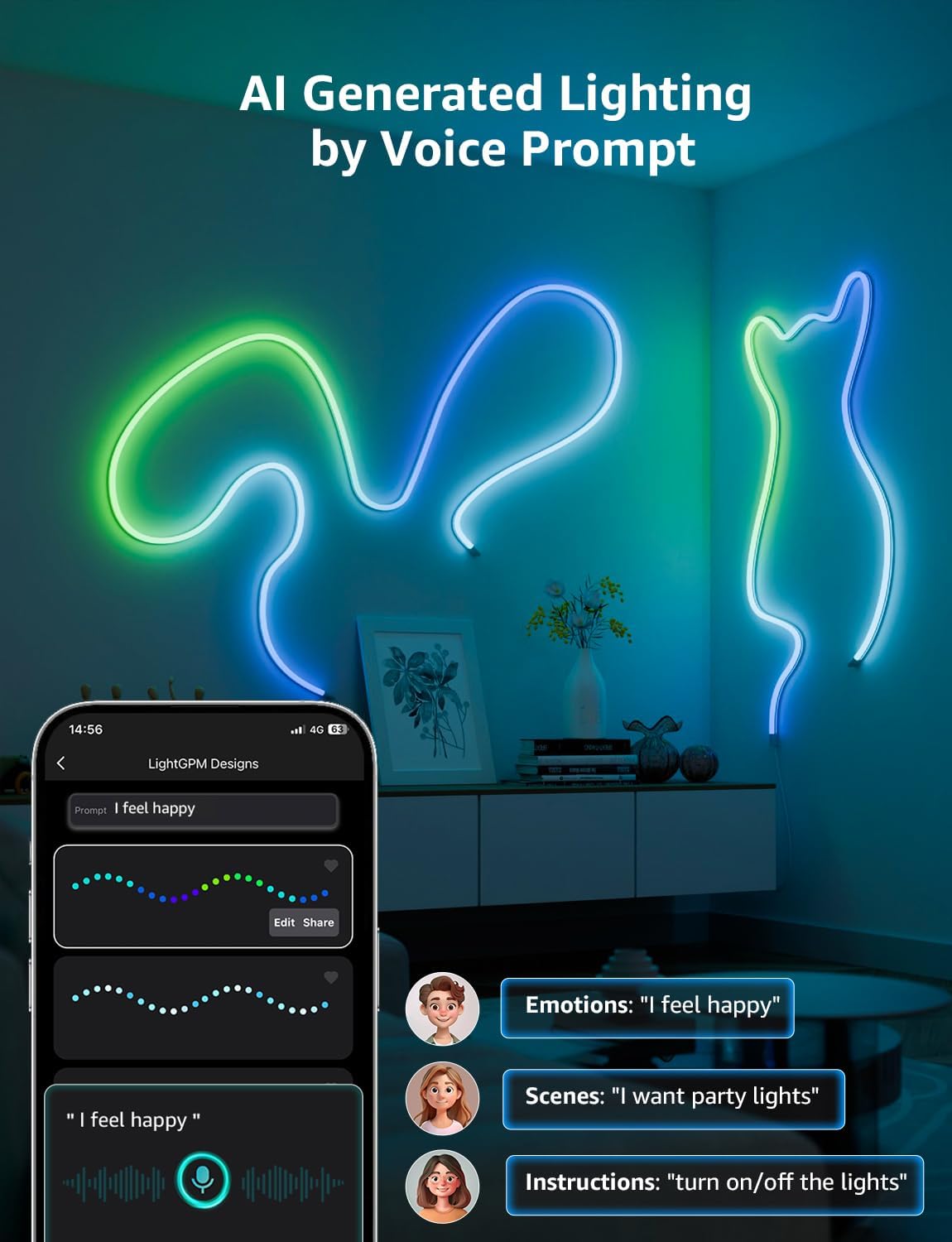 شريط إضاءة نيون قوس قزح ذكي من Lepro N1 AI 3M 96 LED M يعمل مع Alexa Google Home Music Sync AI الإضاءة تصميم مساعد IP65 حبل ضوء MagicColor LED Light App التحكم الصوتي - الصورة 6