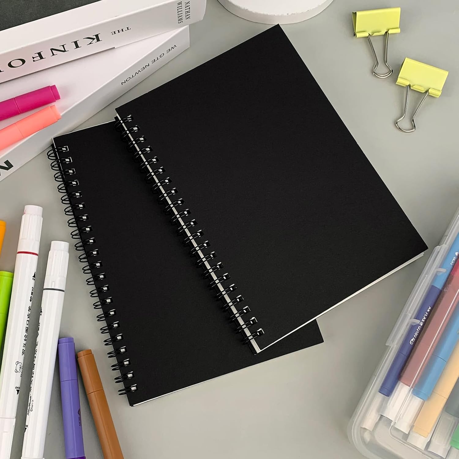 2 Pack Blank Spiral Notebook, A5 Unlined Notebooks, Soft Cover Kraft, Blank Sketchbook Pad for Painting, School Office Travel, 100 Pages/50 Sheets, 8.3x5.5 inch, 100GSM (Black) - الصورة 3