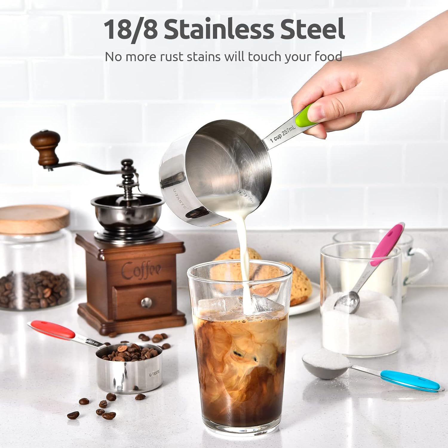 U-Taste 18/8 Stainless Steel Measuring Cups for Baking(Multicolor,10pcs) - الصورة 4