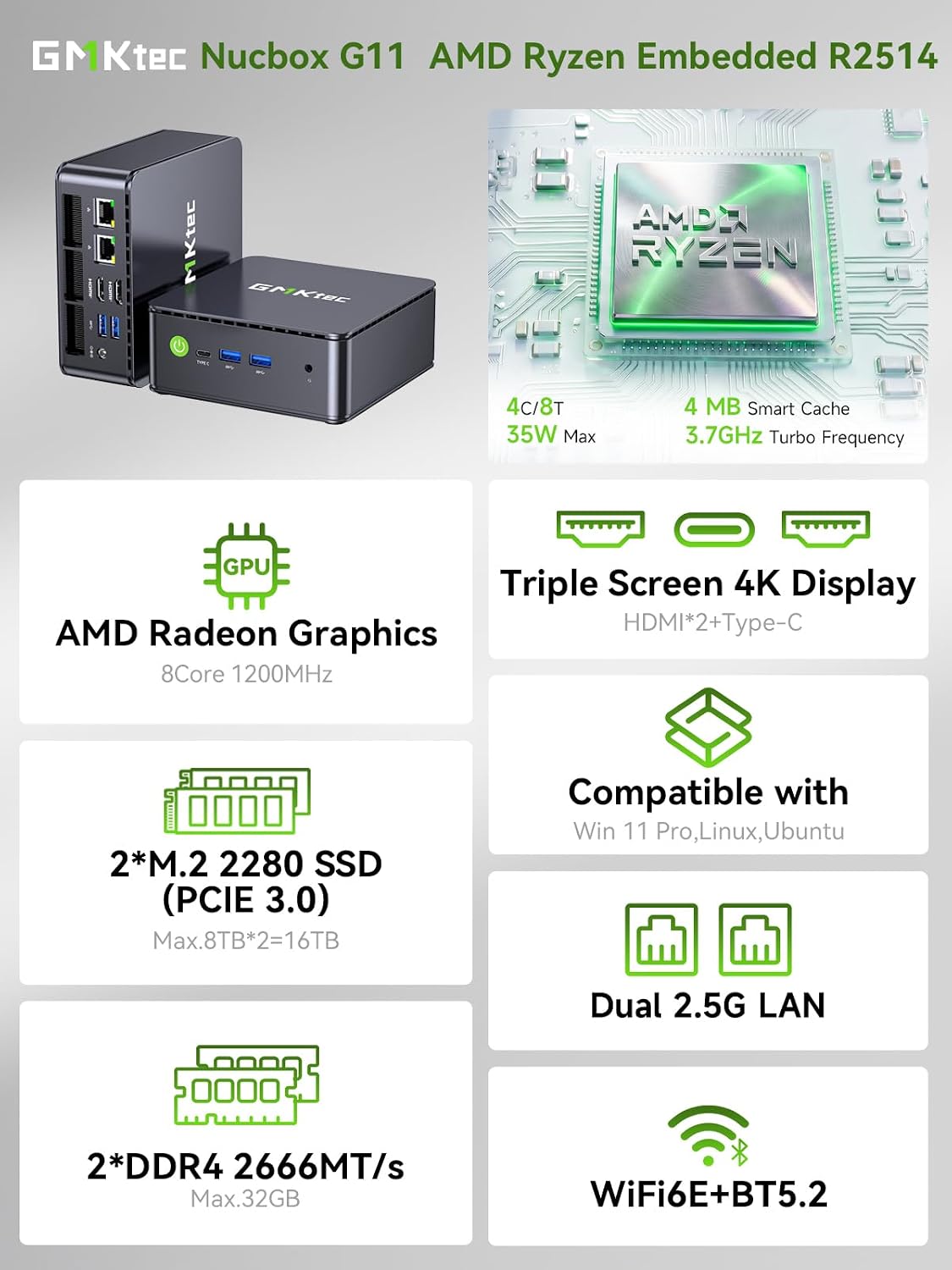 GMKtec Dual 2.5G Nic Mini PC G11 AMD Ryzen Embedded R2514 (Beats 4300U/3500U/N150),16GB DDR4 (Dual Channel) 512GB PCIe 3.0 M.2 SSD, Mini Computer 3 Screen Display/2*USB3.2 10Gbps/WiFi 6E/BT5.2/ - الصورة 3