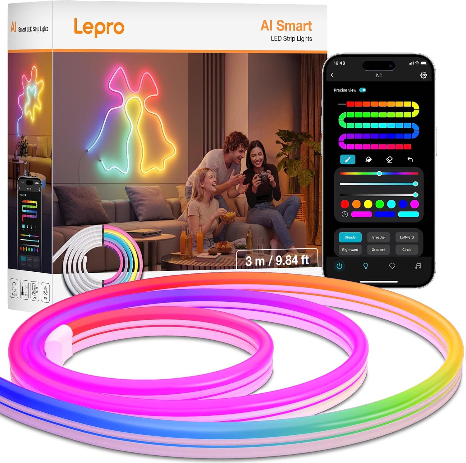 شريط إضاءة نيون قوس قزح ذكي من Lepro N1 AI 3M 96 LED M يعمل مع Alexa Google Home Music Sync AI الإضاءة تصميم مساعد IP65 حبل ضوء MagicColor LED Light App التحكم الصوتي - الصورة 2