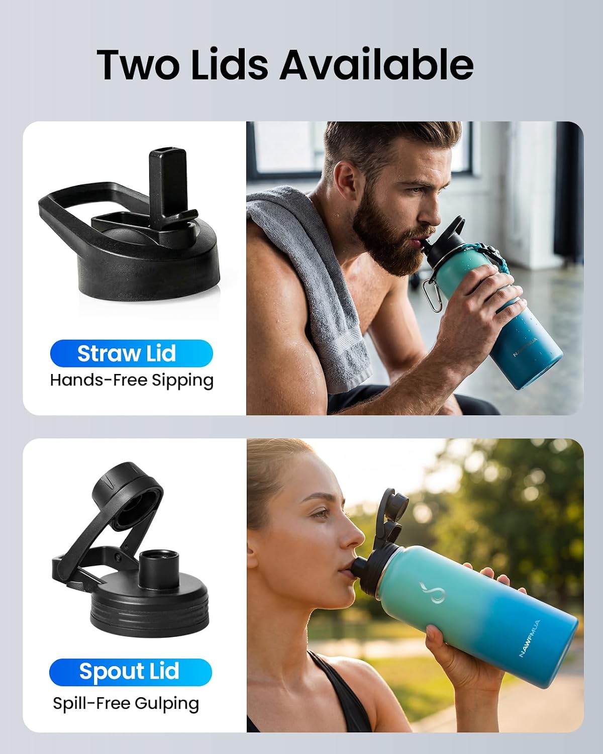 1 Liter Stainless Steel Water Bottle with Straw, Vacuum Insulated Sports Gym Wide Mouth Water Tumbler, BPA-Free Straw Lid and Spout Lid Keep Cold for 48 Hrs, Cyan Blue - الصورة 4